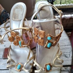 Dior Gold Heels with Open Toe Turquoise Accents